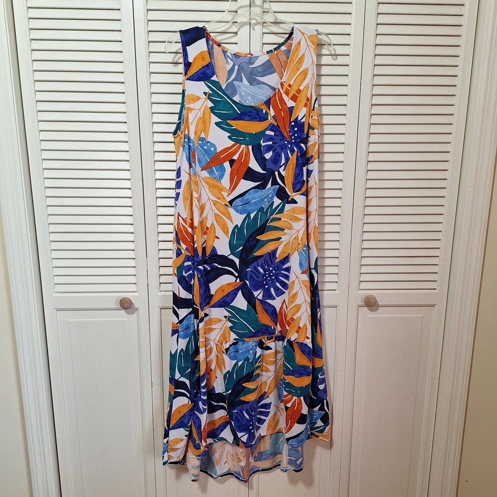 Cuddl Duds Flexwear Hi-Low Hem Tank Maxi Dress Womens Size M Blue Floral Multi